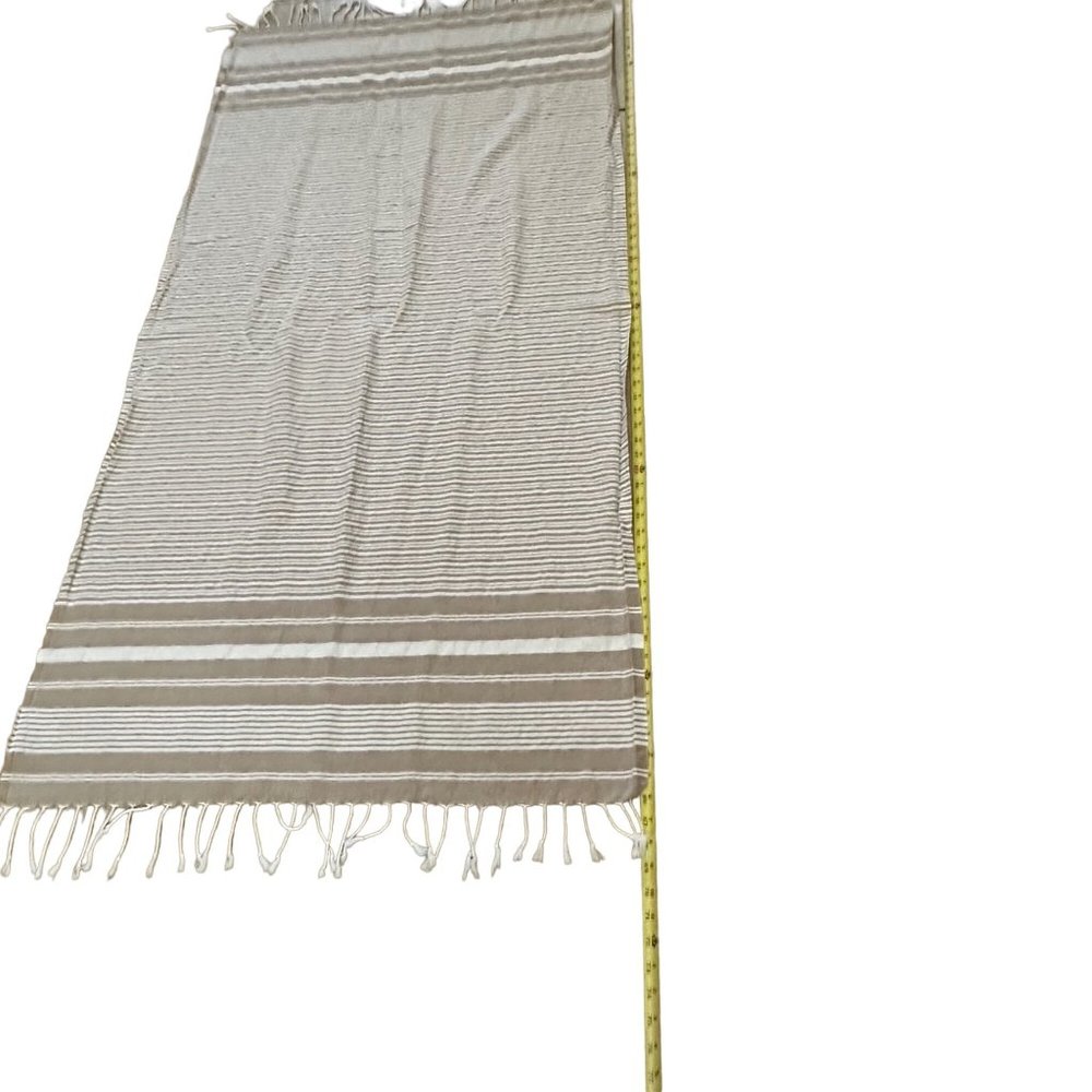 H & M Home 100% cotton beige white striped fringed 31 x 65 oblong table runner - Picture 2 of 10